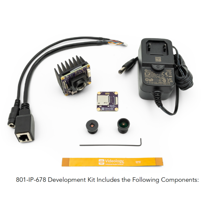 Videology DEV-801-IP-678-1HC0DC development kit with 801-IP-678 8MP 4K IP camera, M12 lenses, power adapter, Ethernet cable, GPIO cable, and SD card interface board