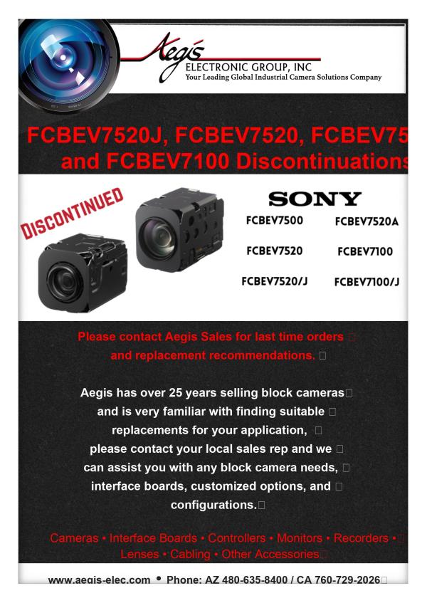 Sony FCB-EV7100, FCB-EV7100/J, FCB-EV7520, FCB-EV7520J, FCB-EV7520A Camera Discontinuations